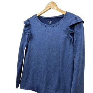 LOFT Navy Ruffle Sleeve Crewneck Jersey Sweatshirt, SP